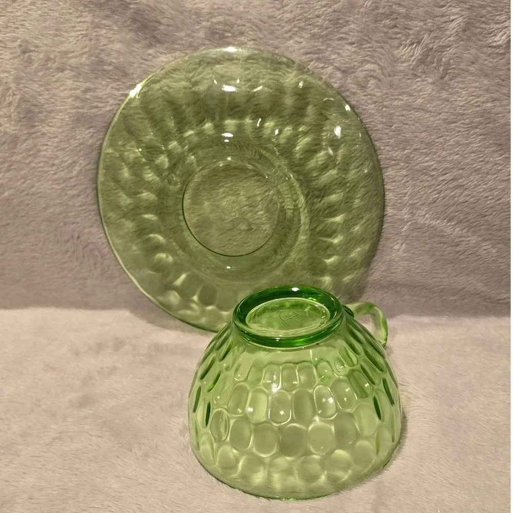 Vintage‎ Federal Glass Uranium Thumbprint Tea Cup and Saucer Set Glows